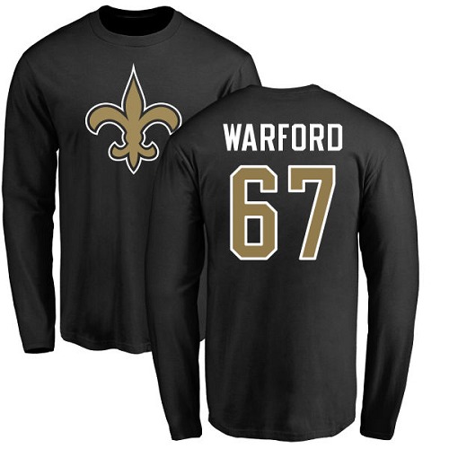 Men New Orleans Saints Black Larry Warford Name and Number Logo NFL Football #67 Long Sleeve T Shirt->nfl t-shirts->Sports Accessory